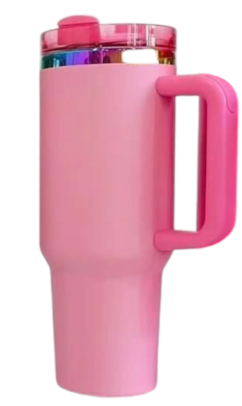 Pink travel mug with handle on a white background
