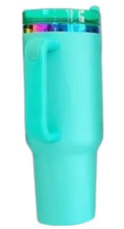 Teal tumbler with a colorful lid on a white background
