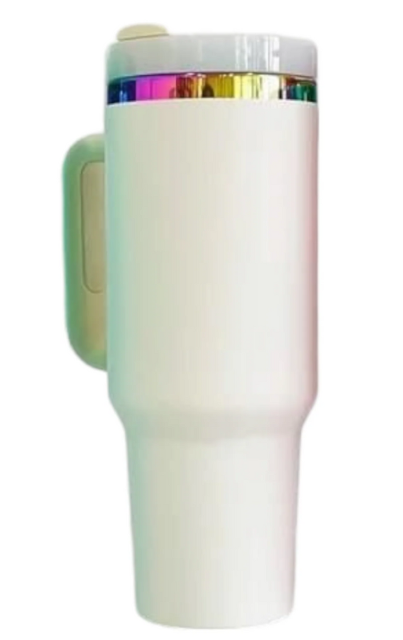 White tumbler with a colorful rim on a white background